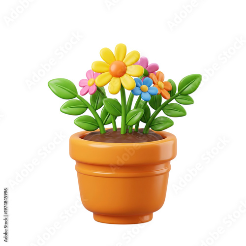Colorful Plastic Flowers in Terracotta Pot.