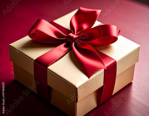A square gold gift box adorned with a luscious red satin bow, elegantly resting on a dark red surface