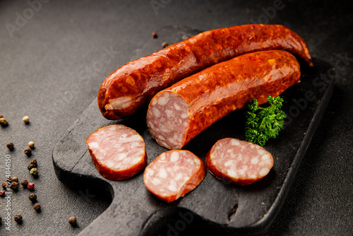 Smoked pork sausage Montbeliard sausage tasty snack fresh delicious gourmet food background on the table rustic food top view copy space