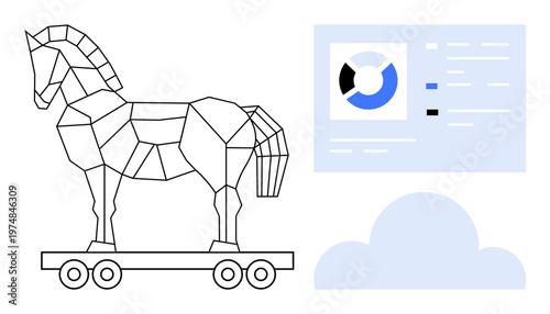 Cybersecurity threat concept. Trojan horse malicious attacks with data visualization and cloud elements. Cybersecurity enhances digital protection and data encryption. For technology, IT solutions