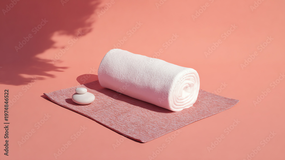 Obraz premium A tranquil setting featuring a rolled towel and stone, perfect for relaxation and wellness. Ideal for spa and self-care themes.