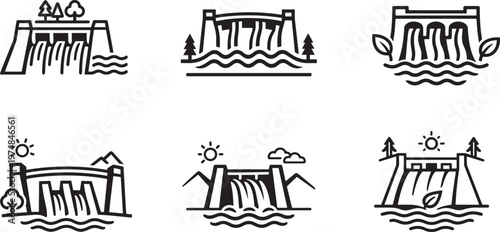 Simple eco dam icon set with water reservoir symbols clean black isolated background