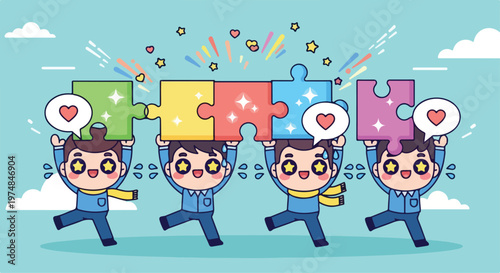 Four diverse cartoon characters holding colorful puzzle pieces together, symbolizing teamwork and unity in a bright
