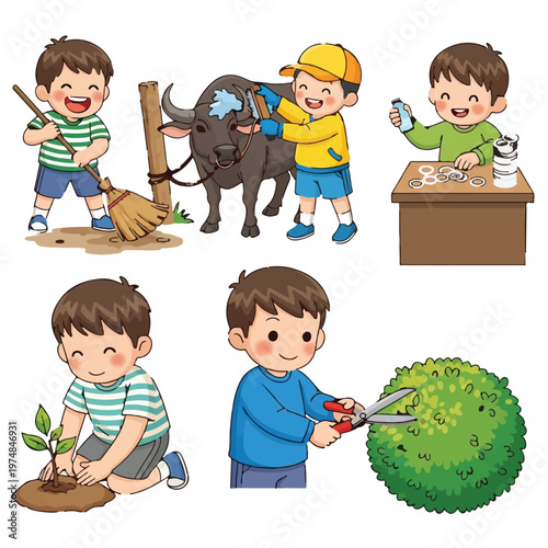 Children Daily Chores Vector Art Kids Activities