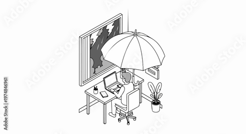 Isometric Illustration of Person Working at Desk Under Umbrella During Storm; Concept for Insurance, Cyber Security, Business Continuity, and Data Protection