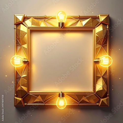 A square golden frame with geometric facets and glowing lightbulbs at each corner, illuminating the empty inner space