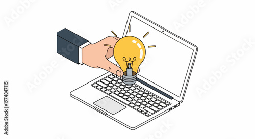 Business hand placing glowing light bulb on laptop keyboard vector illustration - Innovation, digital creativity, and online startup concept.