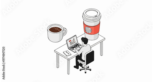 Businessman Working at Desk with Giant Coffee Cups Isometric Illustration - Concept for Productivity, Caffeine Addiction, and Morning Office Routine