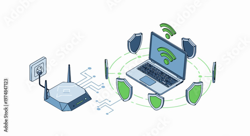 Isometric Illustration of Secure Wireless Network with Laptop, Router and Protective Shields for Cyber Security Concept