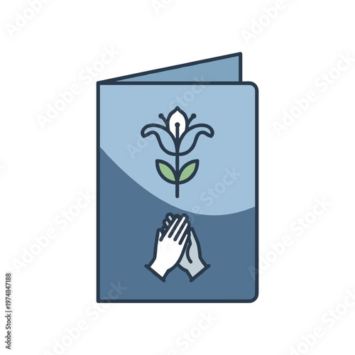 Condolence card with lily flower and praying hands icon vector illustration for funeral services sympathy messages memory celebration memorial tribute and religious bereavement support ceremonies.