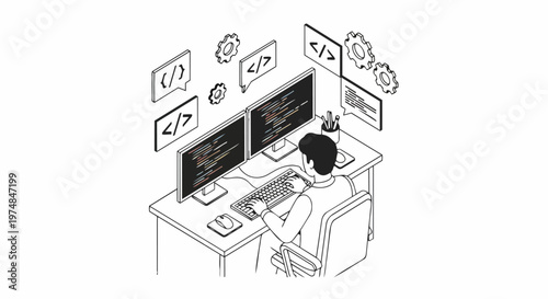 Isometric Software Developer Working on Dual Monitors with Code and Gears Illustration