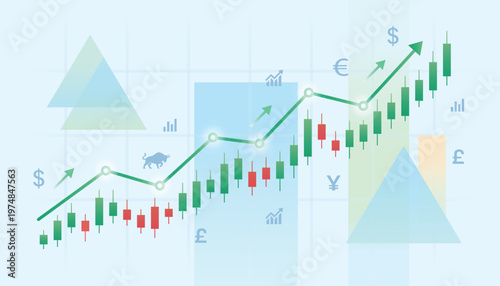 Stock market financial growth chart with candlestick and bull market icon vector, Forex trading and investment success concept with upward trend line graph