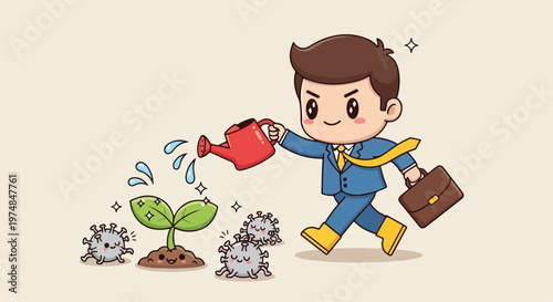 Businessman watering a growing plant while fending off virus germs with a briefcase and watering can