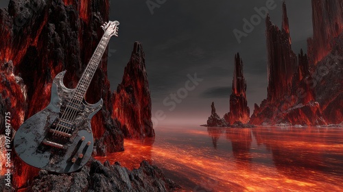 Black electric guitar on volcanic lava shoreline with jagged basalt spires and red glowing reflections