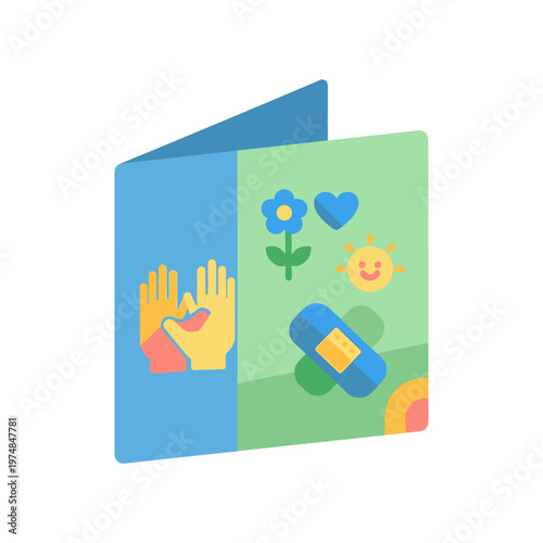 Get well soon card with medical icons and friendly drawings vector illustration for healthcare support recovery wishes hospital patient encouragement and first aid bandage treatment care themes.