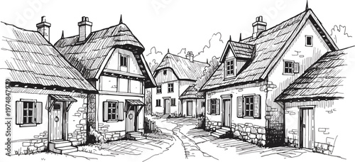 A quiet street scene with quaint houses and a horse-drawn cart in winter