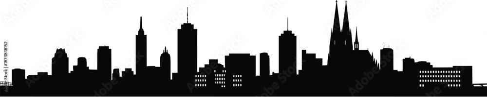 Obraz premium Black silhouette illustration of city skyline with skyscrapers, cathedral spires, diverse architecture, urban landscape, metropolitan buildings, modern and historic structures