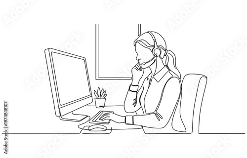 Single one line drawing young female call center worker sitting in front of computer, answering phone from customer.