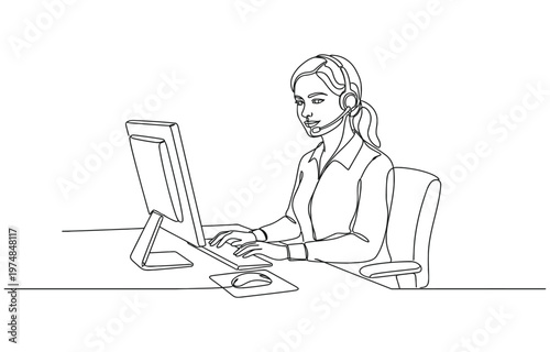 Single one line drawing young female call center worker sitting in front of computer, answering phone from customer.
