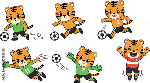 Cute tiger soccer player actions set cartoon football character kicking running jumping goalkeeper vector illustration collection