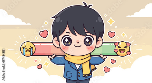 Cute anime boy holding a happiness meter with a sad face on one end and a joyful face on the other