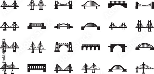 A collection of simple black line drawings of various bridges