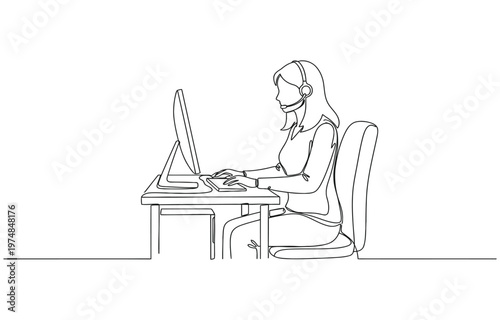 Single one line drawing young female call center worker sitting in front of computer, answering phone from customer.