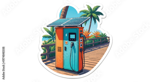 Vibrant gas pump sticker with palm tree background illustration