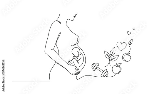Beautiful pregnant Healthy Woman in one continuous line drawing. 