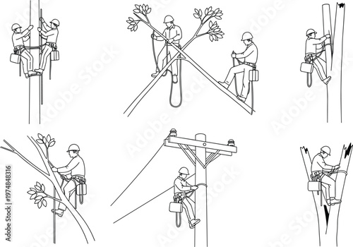 Black silhouettes of arborists and line workers on poles with safety gear, harnesses, ropes, helmets, outdoor labor illustration showing climbing activity