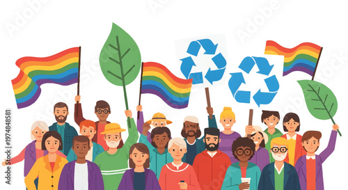 Diverse people holding rainbow flags and eco friendly symbols