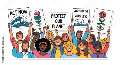 Diverse group of people protesting for environmental protection and conservation