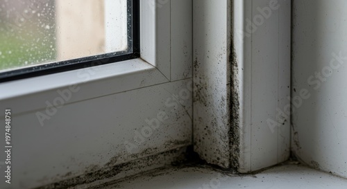 Close-up of black mold growing intensely in the lower corner joint of a white PVC plastic window frame, indicating moisture and poor ventilation, humidity, window, seal