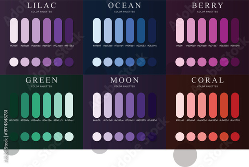 Showcasing a vibrant array of six contemporary color palettes: Lilac, Ocean, Berry, Green, Moon, and Coral, complete with exact hexadecimal codes.