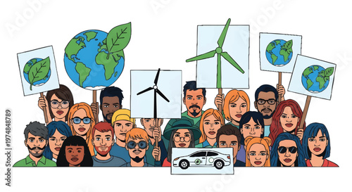 Diverse group of people holding eco friendly protest signs