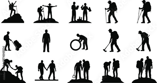 Black silhouettes of hikers and adventurers with backpacks, trekking poles, teamwork, mountain climbing, outdoor exploration illustration showing nature travel and adventure activities