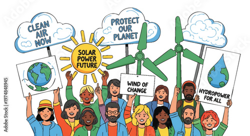 Diverse group of people holding eco-friendly protest signs for a sustainable future