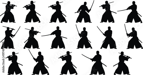 Black silhouettes of samurai warriors with katana swords in martial arts stances, Japanese swordsmanship illustration showing combat techniques, discipline, and fighting poses