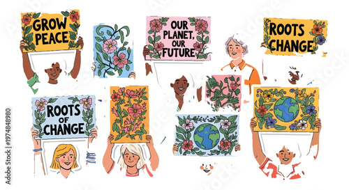 Diverse hands holding eco-friendly protest signs with floral designs