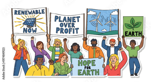 Diverse group of people holding eco-friendly protest signs