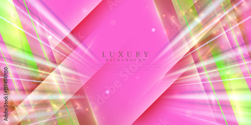 Vibrant pink and neon green luxury background with glowing light rays and glitter bokeh, bold abstract party backdrop for club night, music and event design