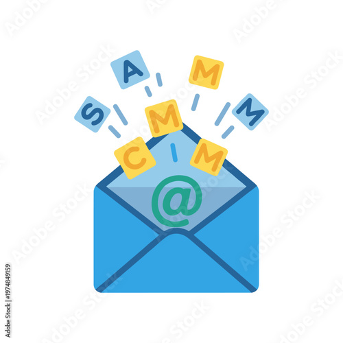 Spam email concept illustration with open envelope and letters spelling spam flying out isolated on white background for cybersecurity and digital safety awareness content and web graphic use.