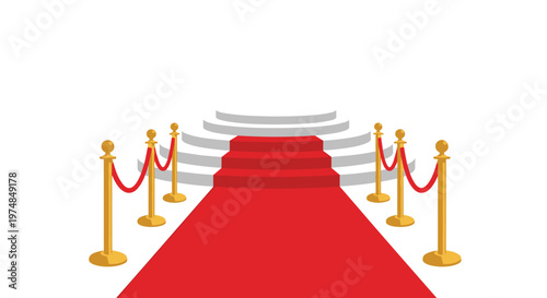 Red carpet walkway leading to a circular white stage podium flanked by elegant gold stanchions and velvet ropes for an award ceremony or luxury event.