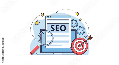 Search engine optimization concept featuring a laptop with a magnifying glass gears and a target symbol for digital marketing and web analytics.