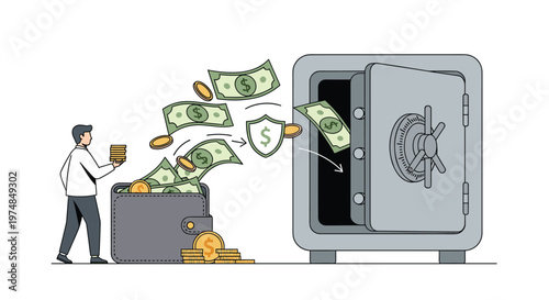 Financial security illustration showing a man taking gold coins from a wallet and depositing them into a heavy metal safe for safe keeping.