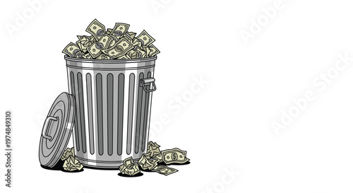 Metal garbage can overflowing with numerous bundles of dollar bills representing wasted money or massive financial loss in a simple style.