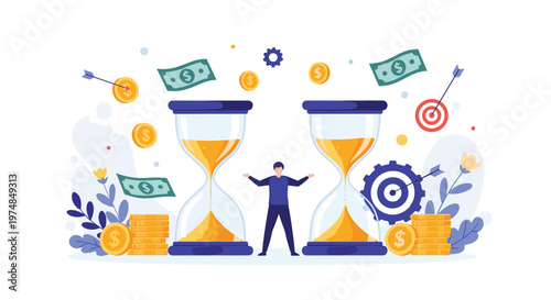 Time is money concept with a man standing between two large hourglasses surrounded by targets coins and gears for productivity and wealth.
