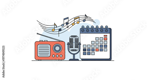 Broadcasting and podcasting schedule concept featuring a vintage radio a microphone a calendar and musical notes for media planning designs.