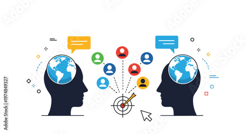 Global communication and networking concept showing two head silhouettes with globes and people icons connected by speech bubbles and a target.