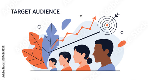 Marketing strategy illustration for target audience identification with arrow hitting bullseye and diverse customer profiles.